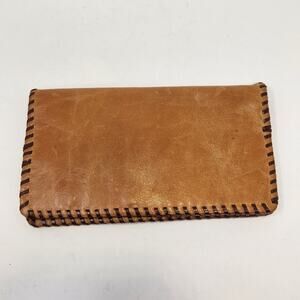 Vintage Brown Leather Long Wallet Handmade Inner Pockets Zipper Stitching